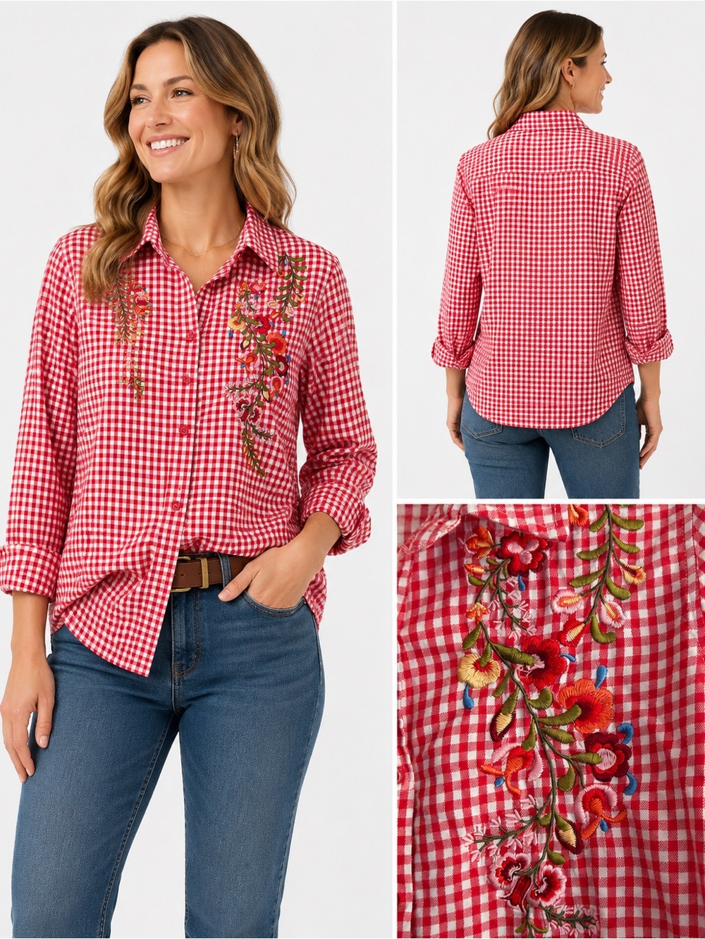 Size M Princess Cruises Women’s Red Gingham Floral Embroidered Button-Up Shirt - Picture 2 of 8